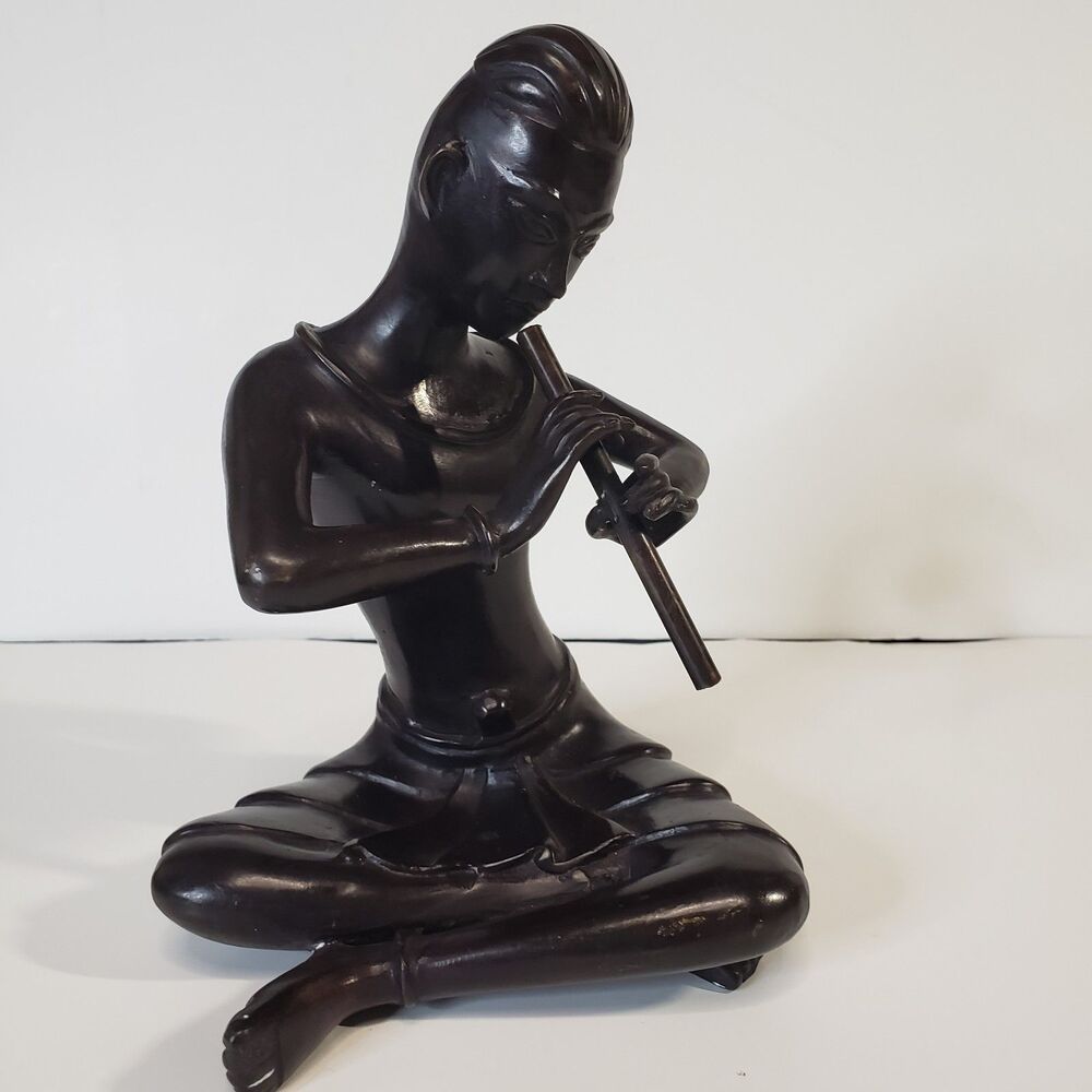 Mid Century Thai Bronze Musician Sculpture Flute Player Snake Charmer 9" Statue